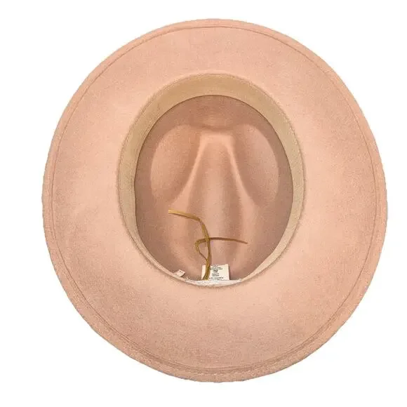 Free People 100% Wool Fedora Dusty Rose Wide Brim Hat Brown Leather Band OS Boho - Picture 6 of 9